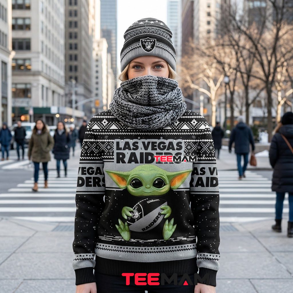 Las Vegas Raiders Ugly Christmas Sweater Baby Yoda Football Back Las Vegas Raiders Ugly Christmas Sweater Baby Yoda Football Back