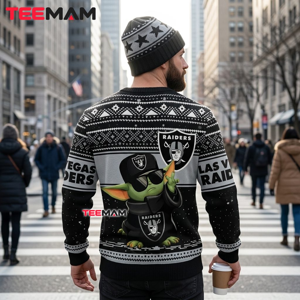 Las Vegas Raiders Ugly Christmas Sweater Baby Yoda Football Version 3 Las Vegas Raiders Ugly Christmas Sweater Baby Yoda Football Version 3