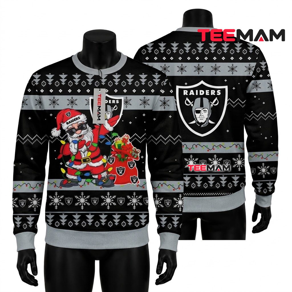Las Vegas Raiders Ugly Christmas Sweater Cool Santa Claus Christmas Lights Front