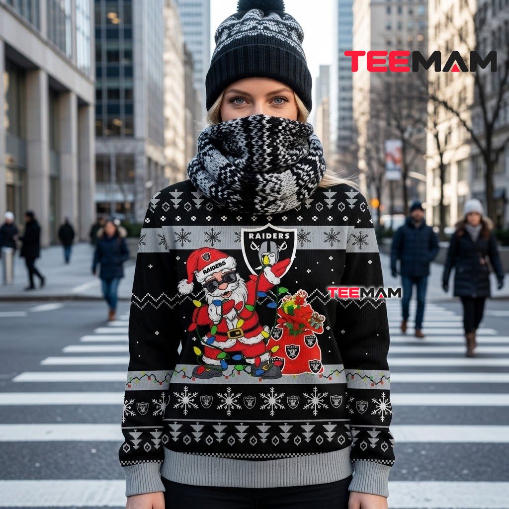 Las Vegas Raiders Ugly Christmas Sweater Cool Santa Claus Christmas Lights Back Las Vegas Raiders Ugly Christmas Sweater Cool Santa Claus Christmas Lights Back