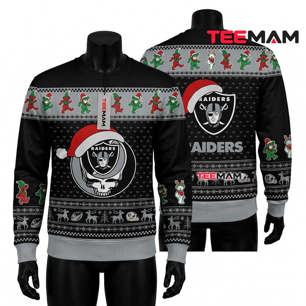 Las Vegas Raiders Ugly Christmas Sweater Grateful Dead Santa Front