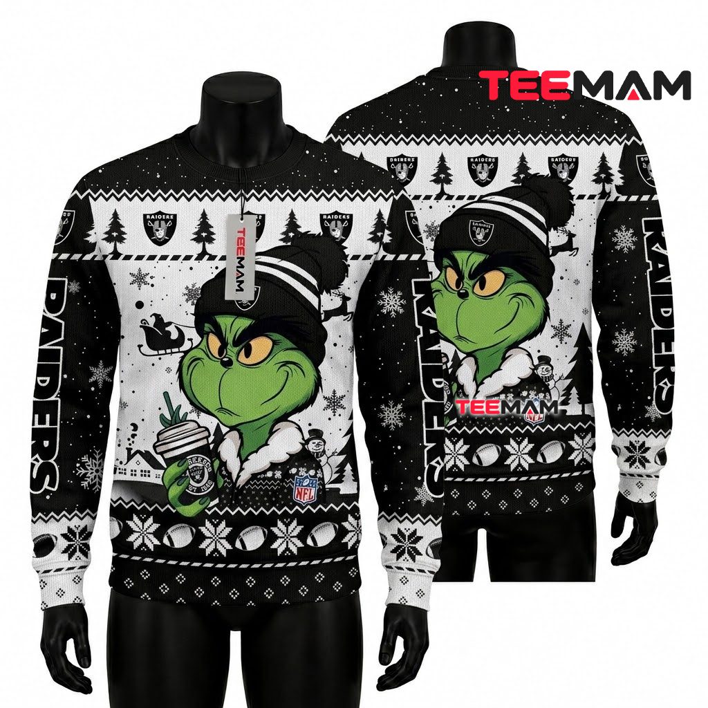Las Vegas Raiders Ugly Christmas Sweater Grinch Coffee Beanie Front