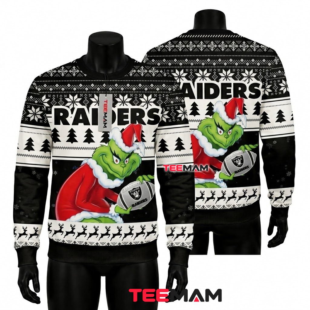 Las Vegas Raiders Ugly Christmas Sweater Grinch Santa Football Design Front