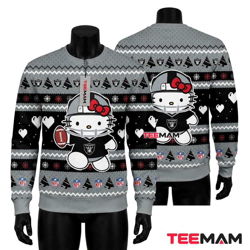 Las Vegas Raiders Ugly Christmas Sweater Hello Kitty Helmet Front