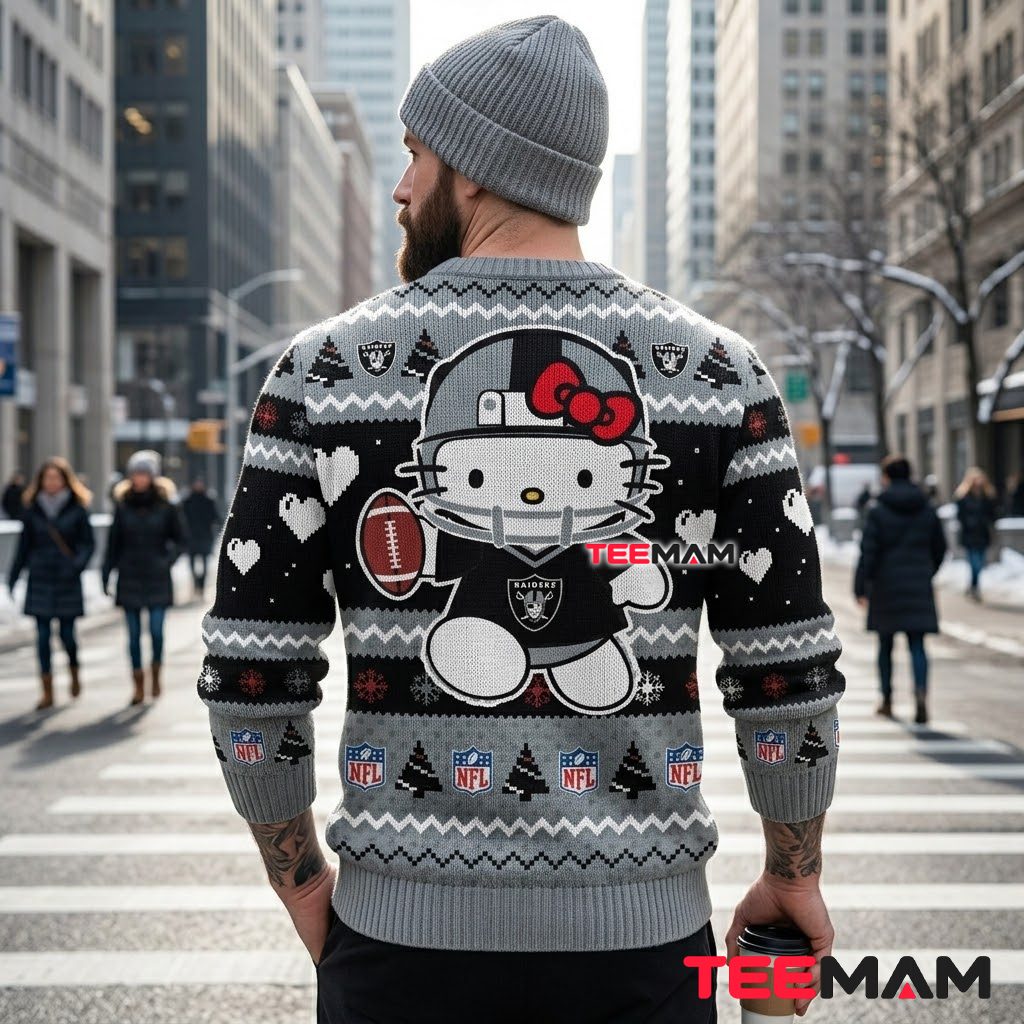 Las Vegas Raiders Ugly Christmas Sweater Hello Kitty Helmet Version 3 Las Vegas Raiders Ugly Christmas Sweater Hello Kitty Helmet Version 3