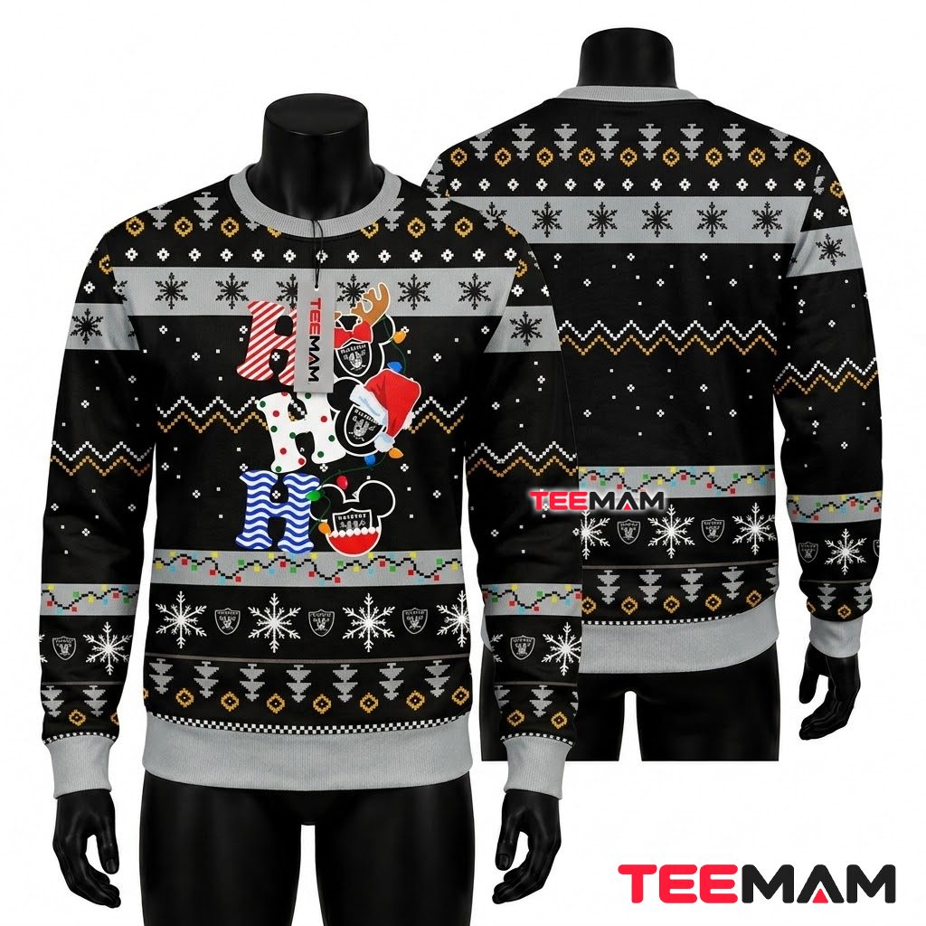 Las Vegas Raiders Ugly Christmas Sweater Ho Ho Mickey Mouse Front