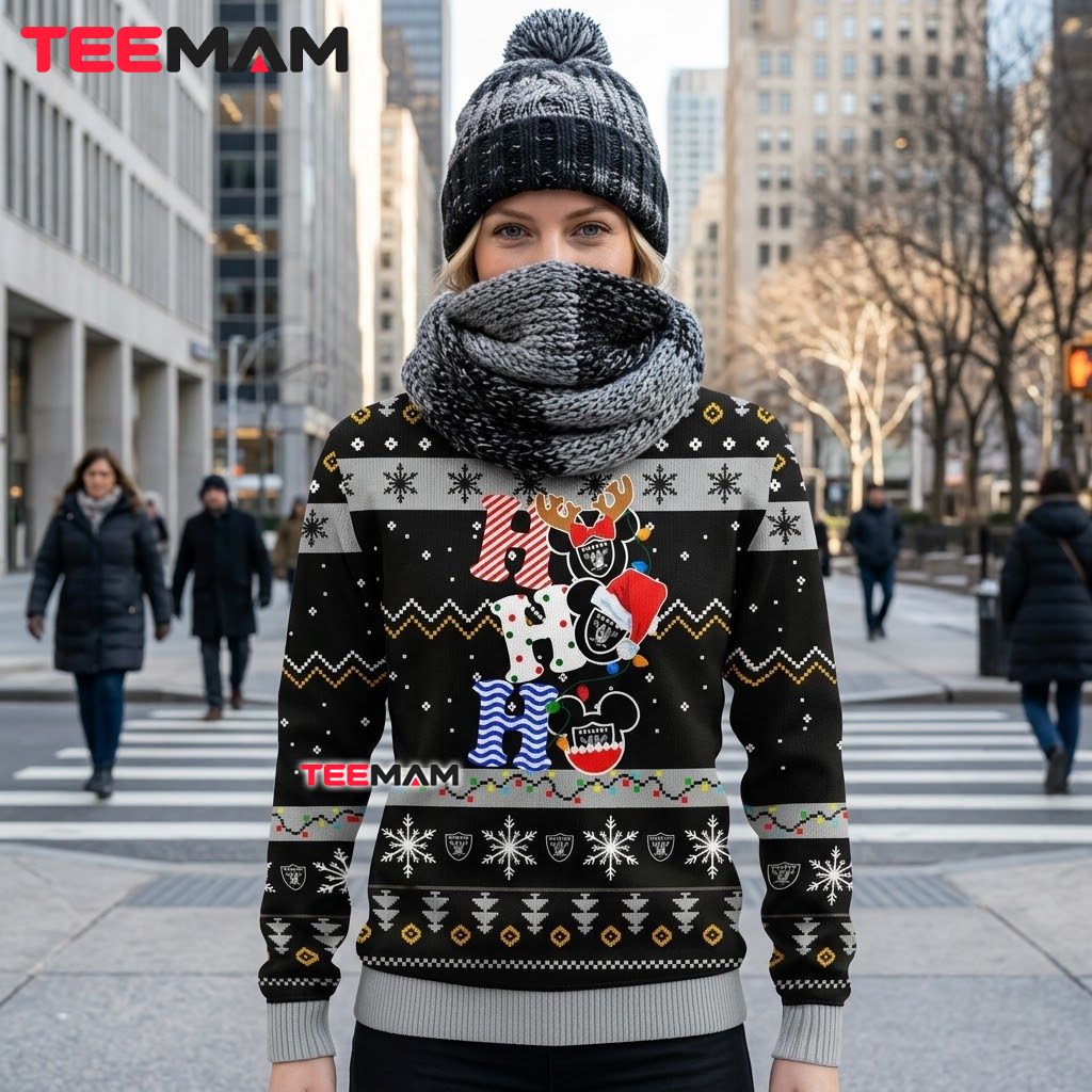 Las Vegas Raiders Ugly Christmas Sweater Ho Ho Mickey Mouse Back Las Vegas Raiders Ugly Christmas Sweater Ho Ho Mickey Mouse Back