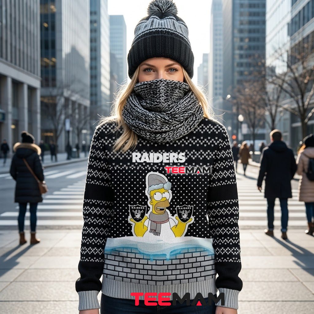 Las Vegas Raiders Ugly Christmas Sweater Homer Simpson Snow Back Las Vegas Raiders Ugly Christmas Sweater Homer Simpson Snow Back