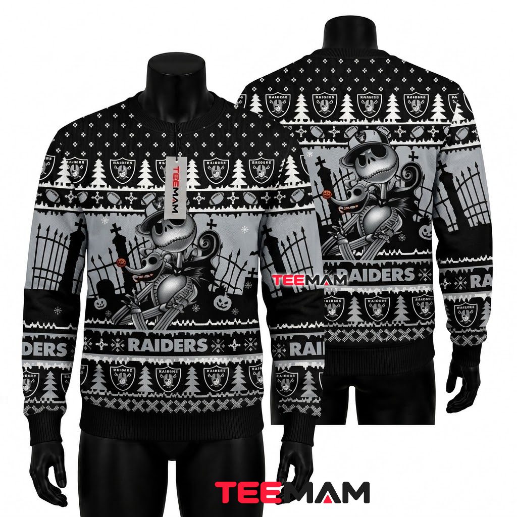 Las Vegas Raiders Ugly Christmas Sweater Jack Skellington Graveyard Front