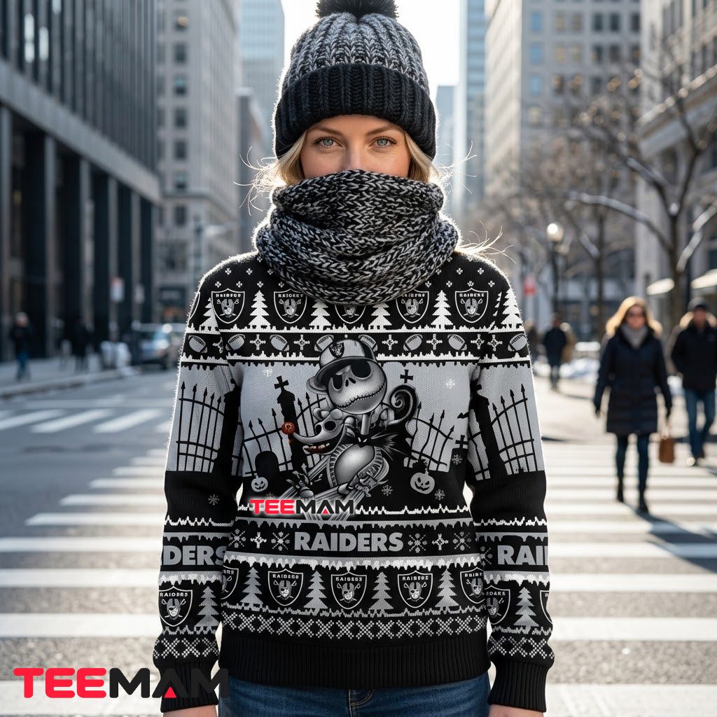 Las Vegas Raiders Ugly Christmas Sweater Jack Skellington Graveyard Back Las Vegas Raiders Ugly Christmas Sweater Jack Skellington Graveyard Back