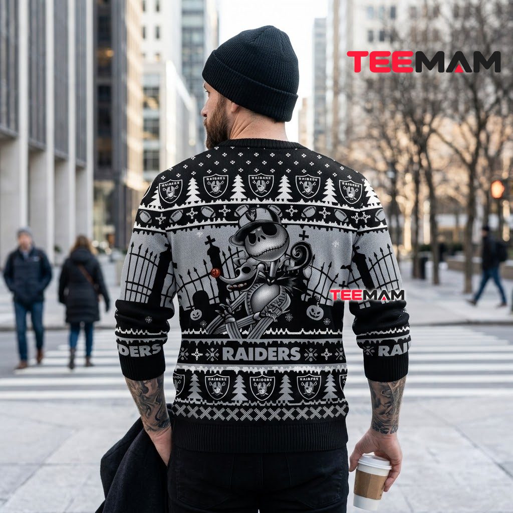 Las Vegas Raiders Ugly Christmas Sweater Jack Skellington Graveyard Version 3 Las Vegas Raiders Ugly Christmas Sweater Jack Skellington Graveyard Version 3