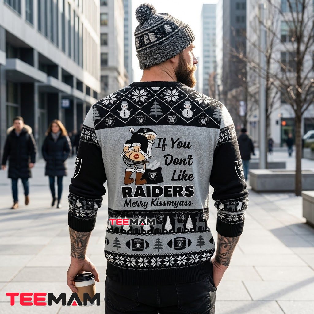 Las Vegas Raiders Ugly Christmas Sweater Merry Kissmyass Santa Version 3 Las Vegas Raiders Ugly Christmas Sweater Merry Kissmyass Santa Version 3