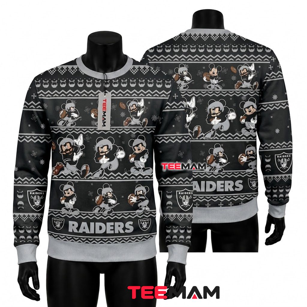 Las Vegas Raiders Ugly Christmas Sweater Mickey Mouse Pattern Front