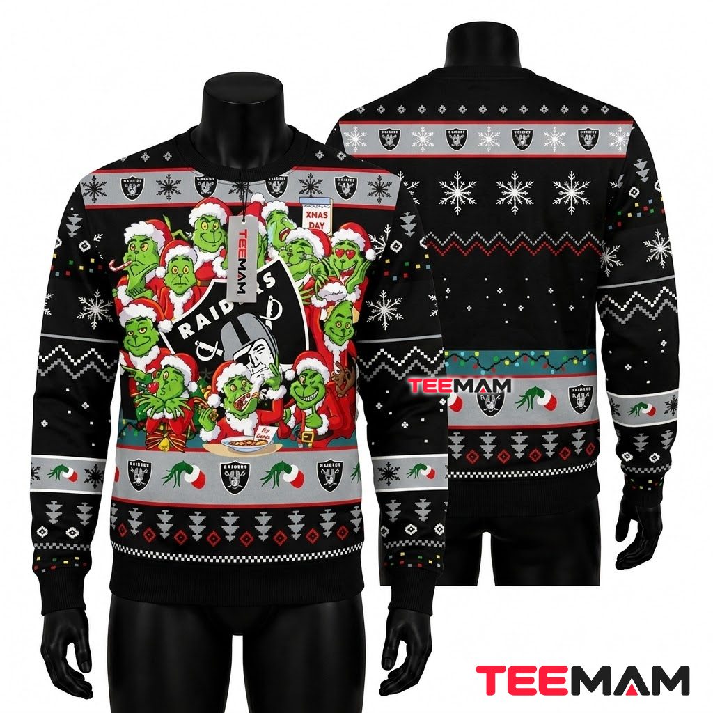 Las Vegas Raiders Ugly Christmas Sweater Multiple Grinch Xmas Day Front