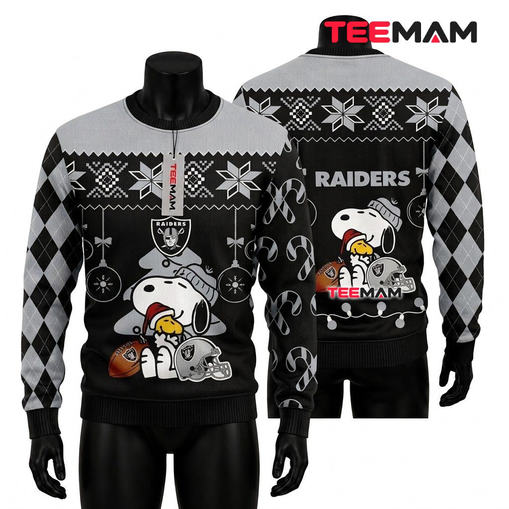 Las Vegas Raiders Ugly Christmas Sweater Snoopy Woodstock Helmet Front