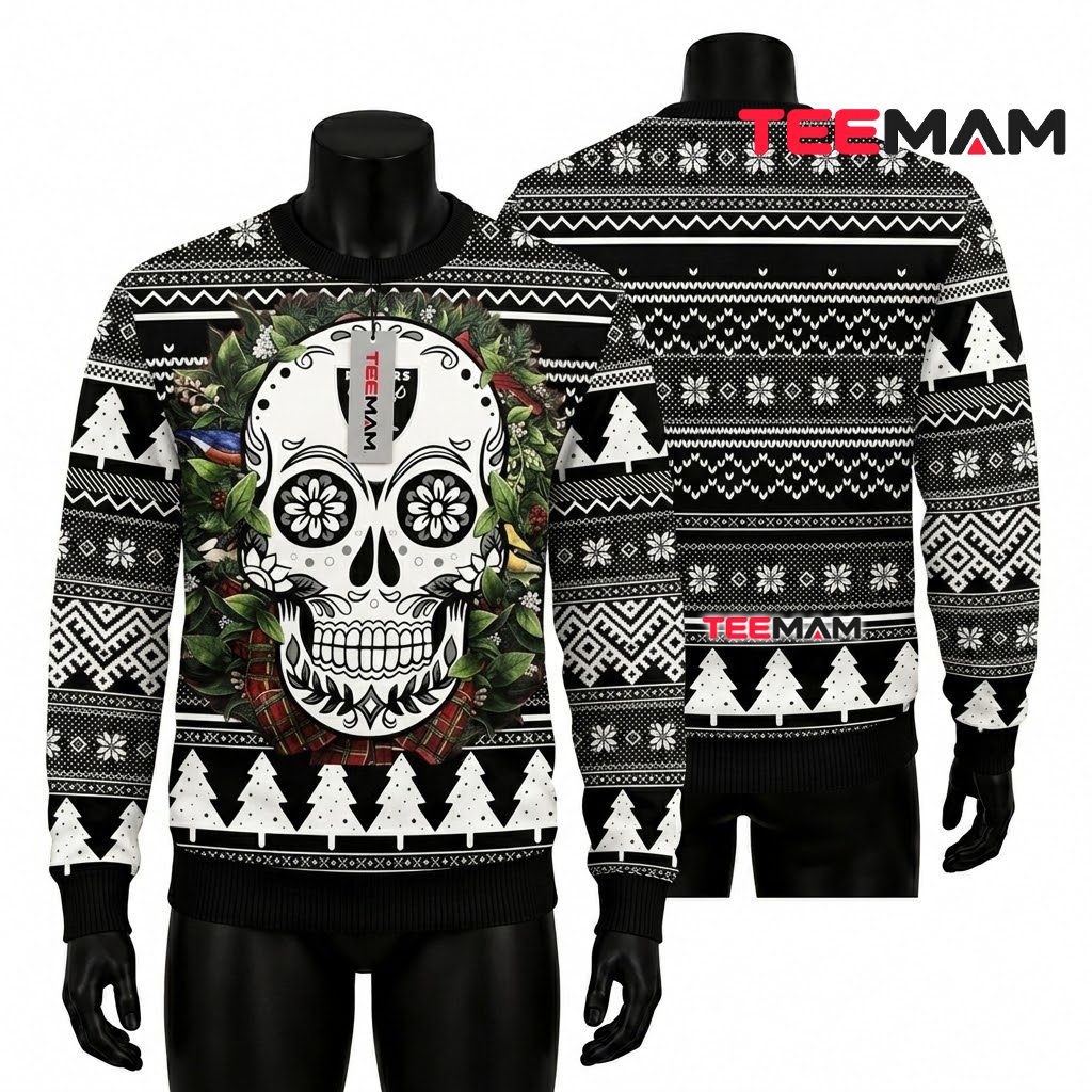 Las Vegas Raiders Ugly Christmas Sweater Sugar Skull Wreath Front
