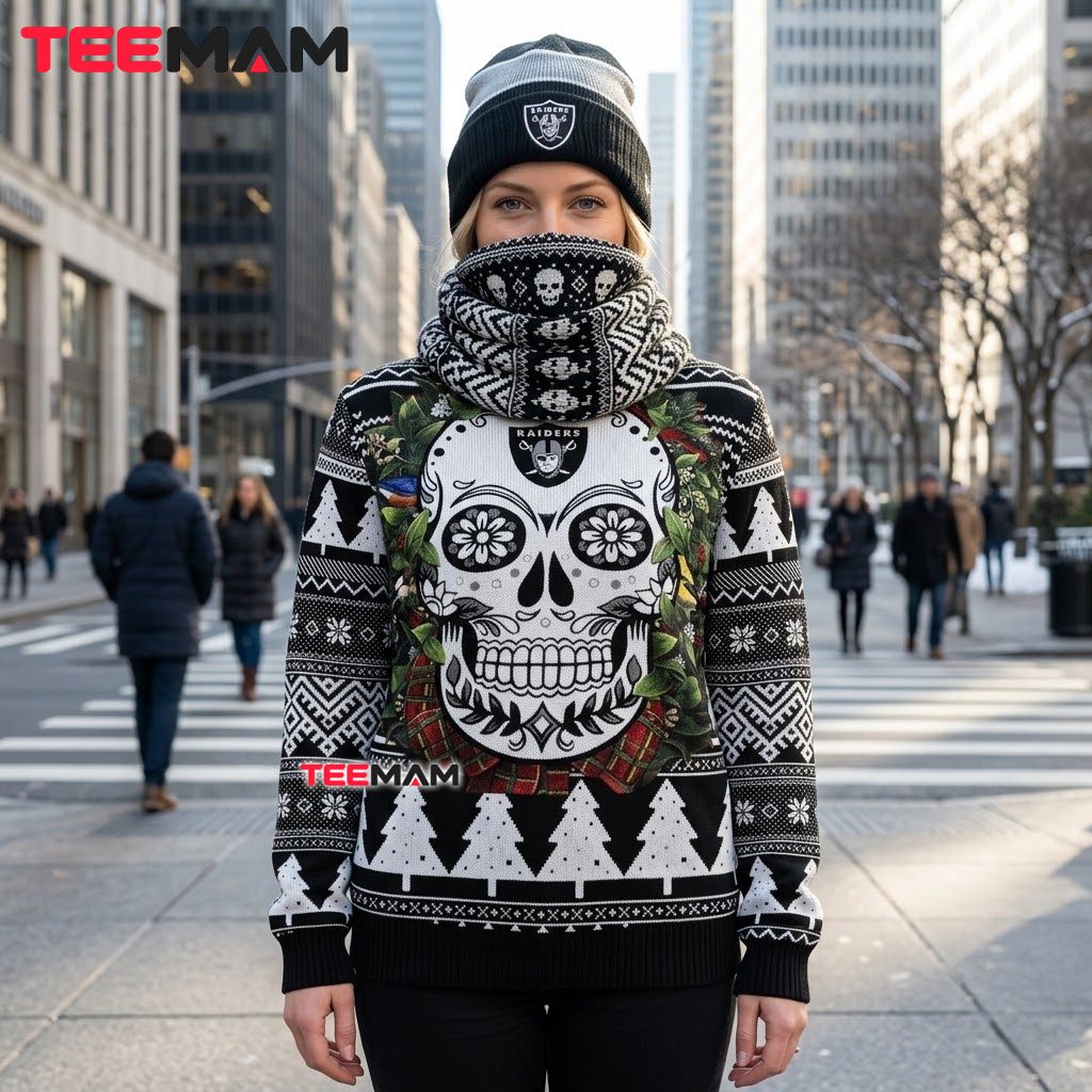 Las Vegas Raiders Ugly Christmas Sweater Sugar Skull Wreath Back Las Vegas Raiders Ugly Christmas Sweater Sugar Skull Wreath Back