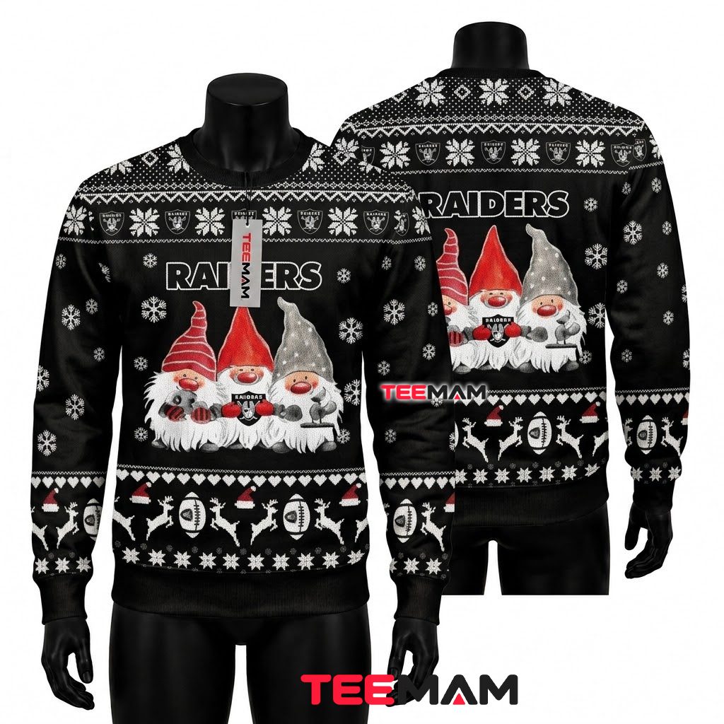 Las Vegas Raiders Ugly Christmas Sweater Three Gnomes Holiday Design Front