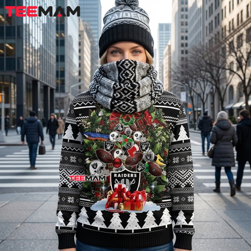 Las Vegas Raiders Ugly Christmas Sweater Wreath Helmets Gifts Back Las Vegas Raiders Ugly Christmas Sweater Wreath Helmets Gifts Back