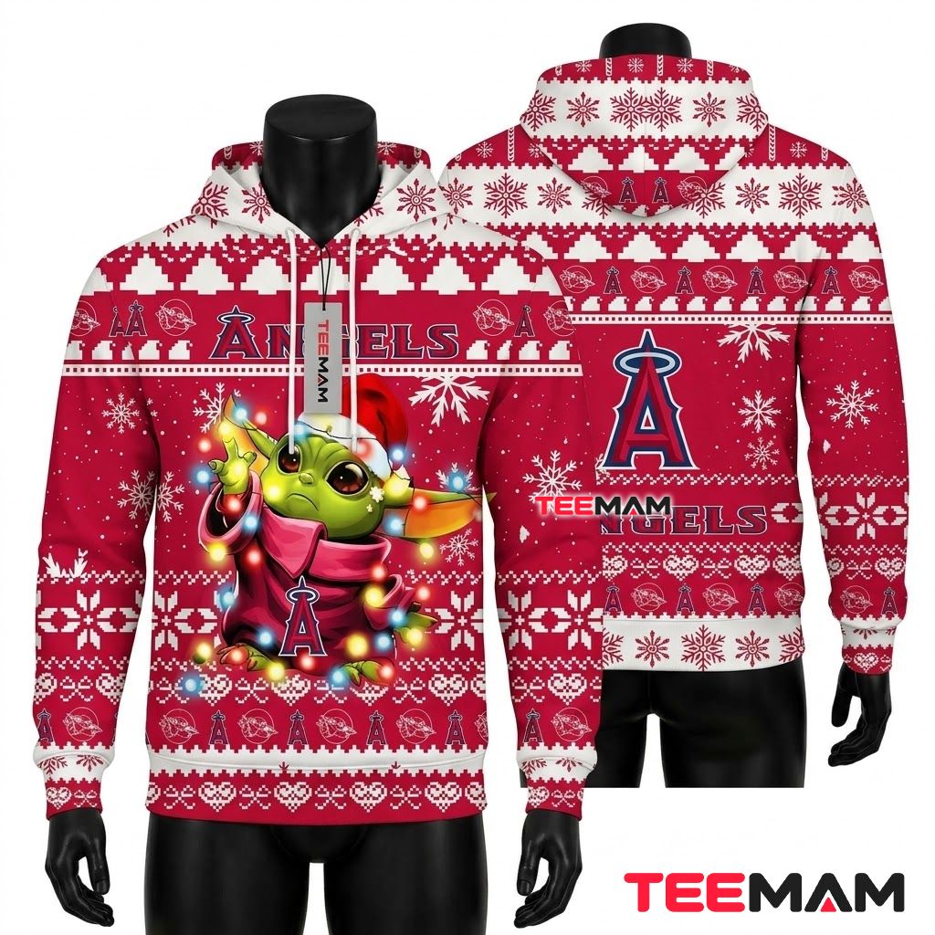 Los Angeles Angels 3D Hoodie Baby Yoda Christmas Lights Front