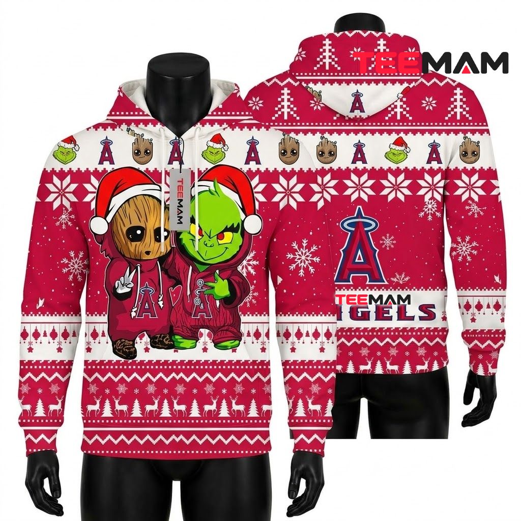 Los Angeles Angels 3D Hoodie Grinch Groot Christmas Front
