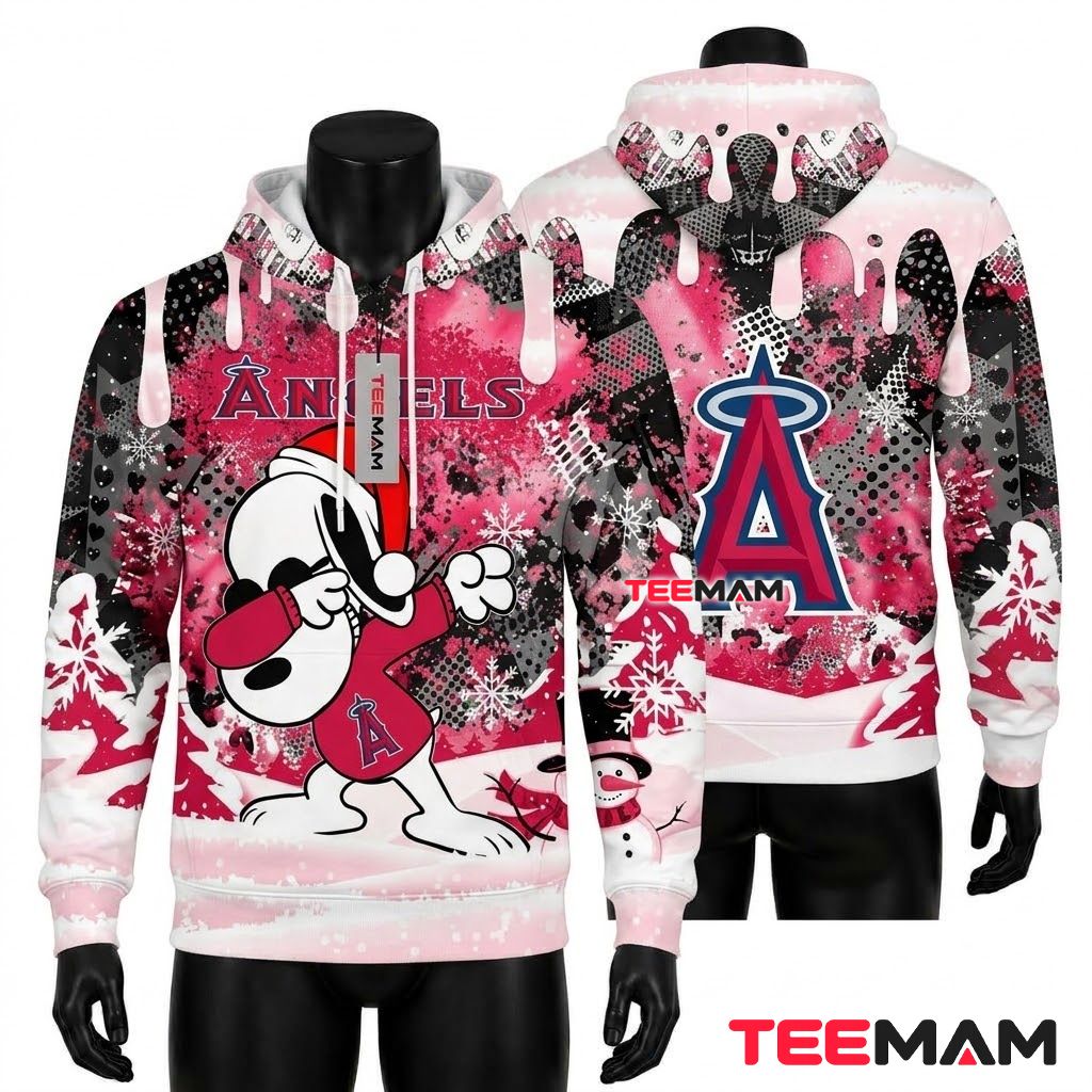 Los Angeles Angels All Over Print 3D Hoodie Snoopy Dabbing Snow Front