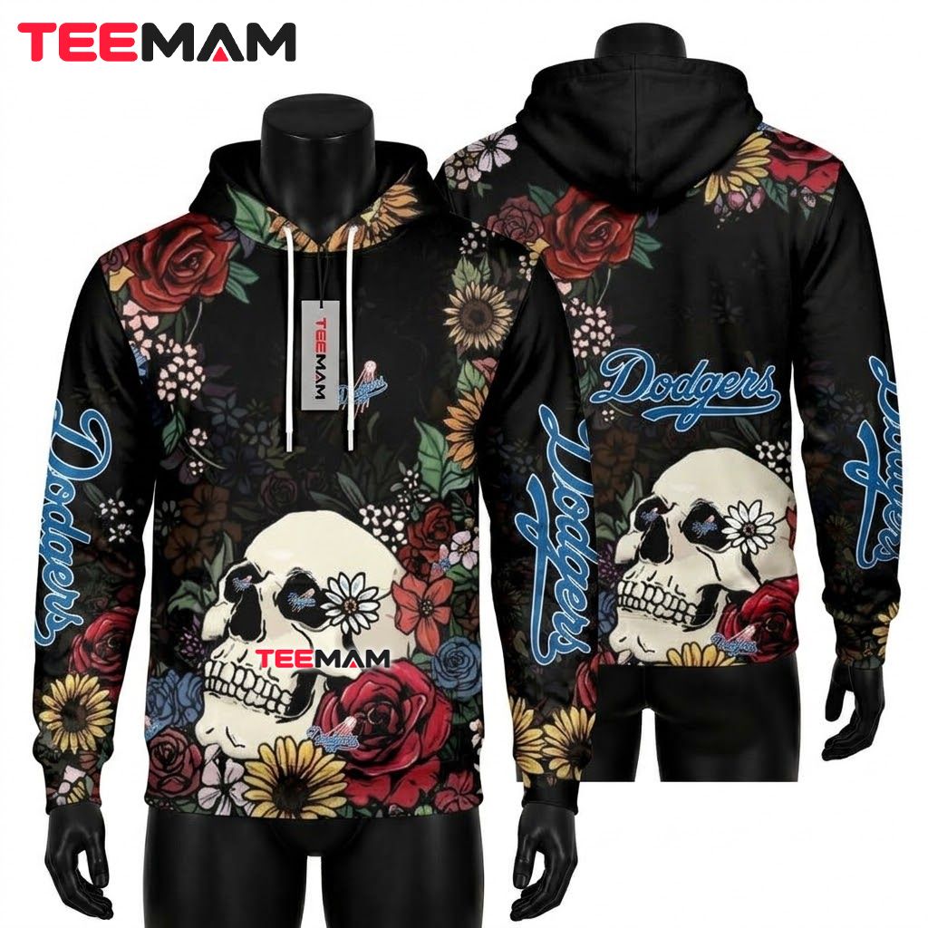 Los Angeles Dodgers 3D Hoodie Floral Skull Front