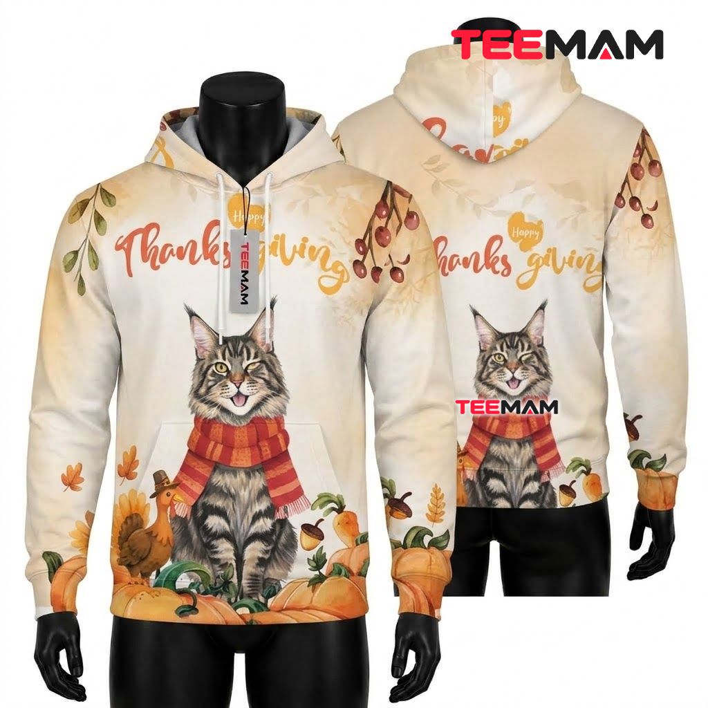 Maine Coon Thanksgiving 3D Hoodie Happy Thanksgiving Front