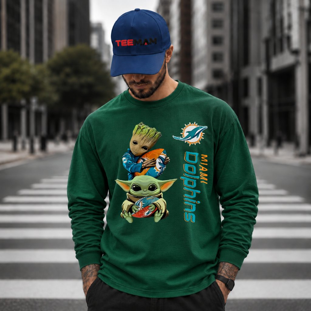 Miami Dolphins Baby Groot Yoda Football Long Sleeve Miami Dolphins Baby Groot Yoda Football Long Sleeve