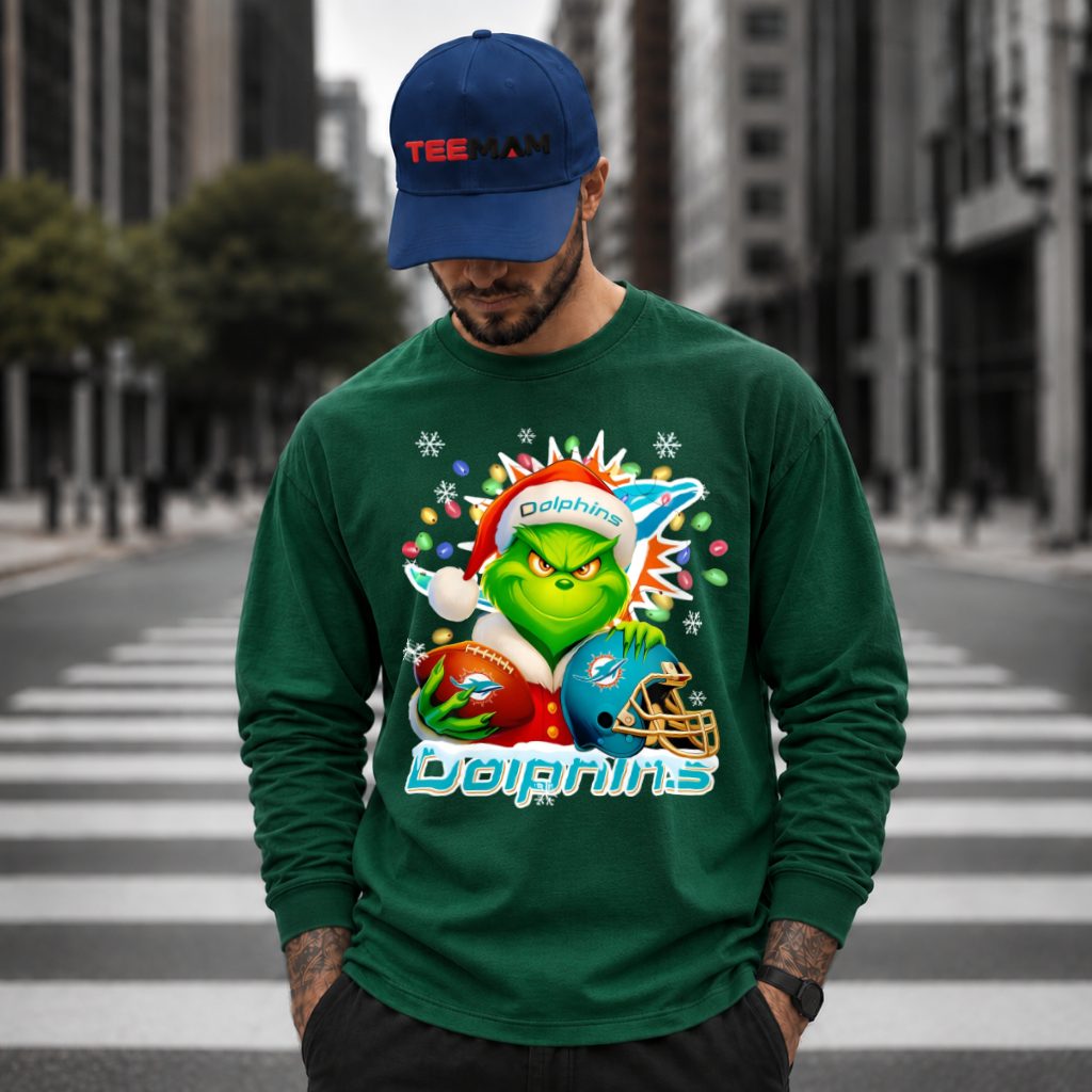 Miami Dolphins Grinch Christmas Lights Long Sleeve Miami Dolphins Grinch Christmas Lights Long Sleeve