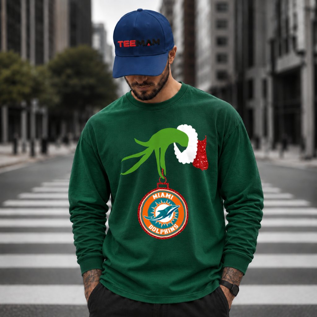 Miami Dolphins Grinch Hand Ornament Long Sleeve Miami Dolphins Grinch Hand Ornament Long Sleeve