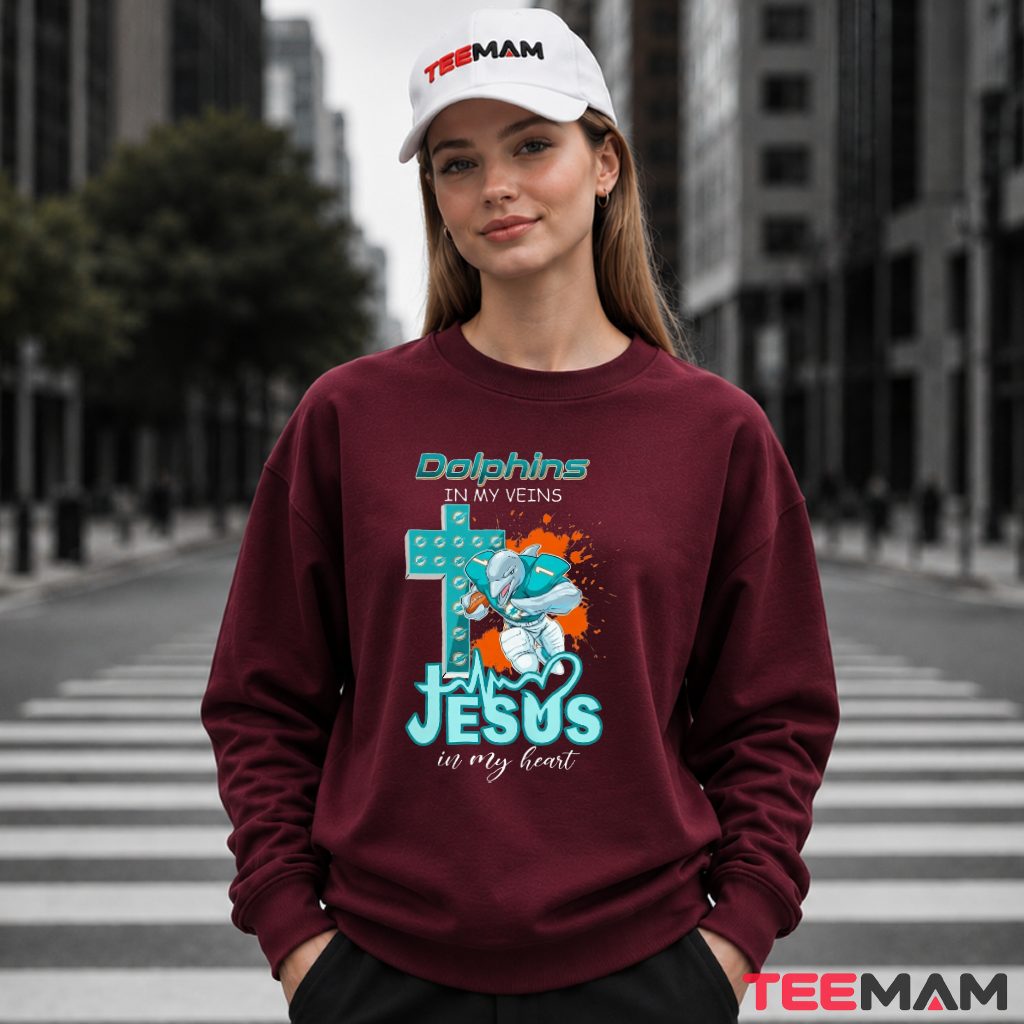 Miami Dolphins In My Veins Jesus Long Sleeve Miami Dolphins In My Veins Jesus Long Sleeve