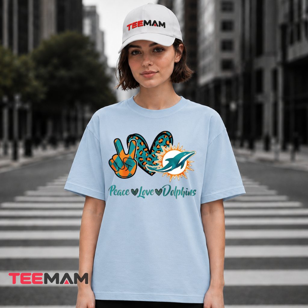 Miami Dolphins Peace Love Leopard T-Shirt