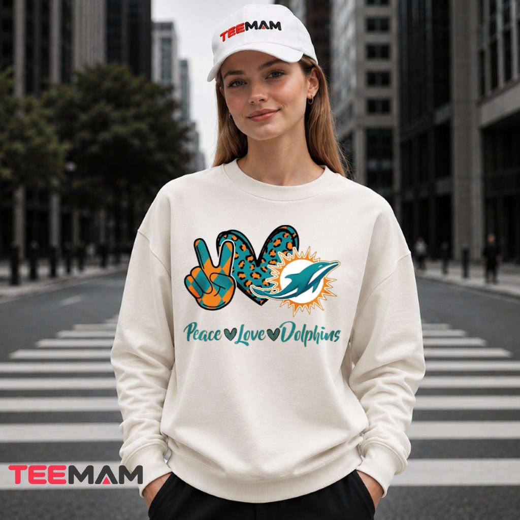 Miami Dolphins Peace Love Leopard Long Sleeve Miami Dolphins Peace Love Leopard Long Sleeve
