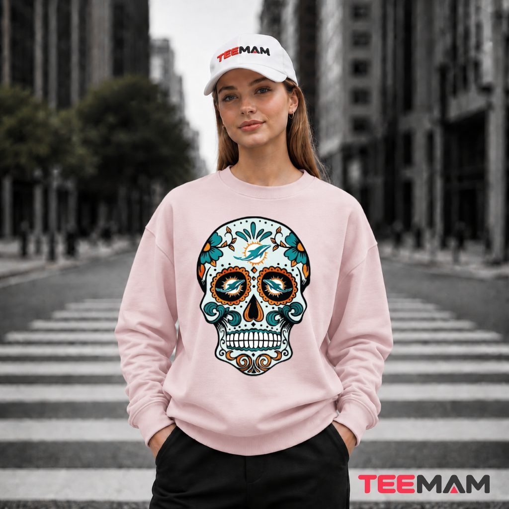 Miami Dolphins Sugar Skull Fan Long Sleeve Miami Dolphins Sugar Skull Fan Long Sleeve