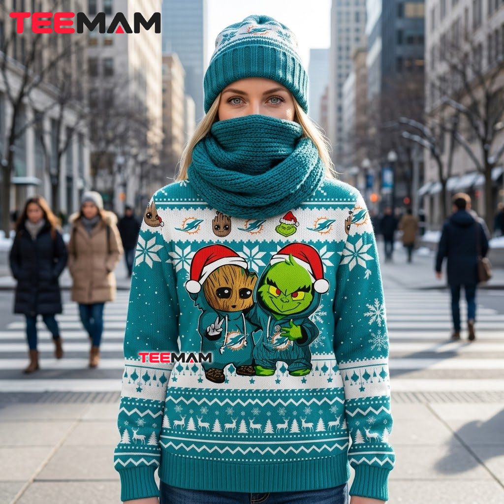 Miami Dolphins Ugly Christmas Sweater Baby Groot Grinch Back Miami Dolphins Ugly Christmas Sweater Baby Groot Grinch Back