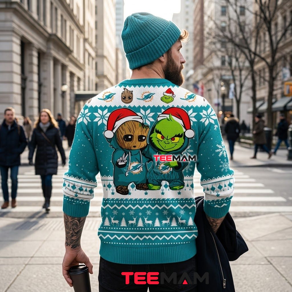 Miami Dolphins Ugly Christmas Sweater Baby Groot Grinch Version 3 Miami Dolphins Ugly Christmas Sweater Baby Groot Grinch Version 3