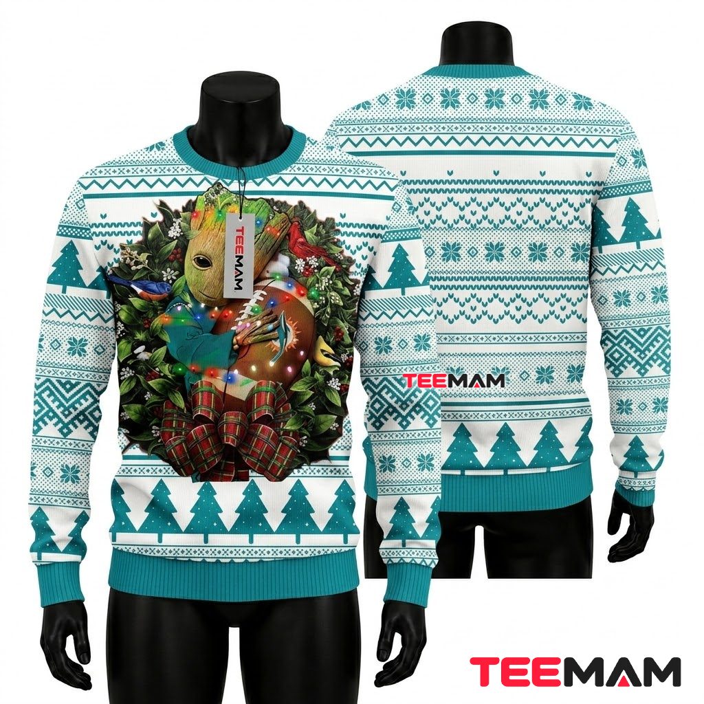 Miami Dolphins Ugly Christmas Sweater Baby Groot Wreath Front