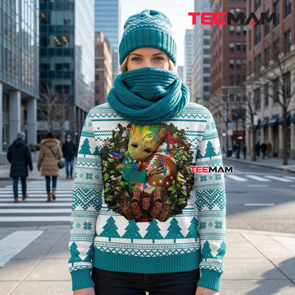 Miami Dolphins Ugly Christmas Sweater Baby Groot Wreath Back Miami Dolphins Ugly Christmas Sweater Baby Groot Wreath Back