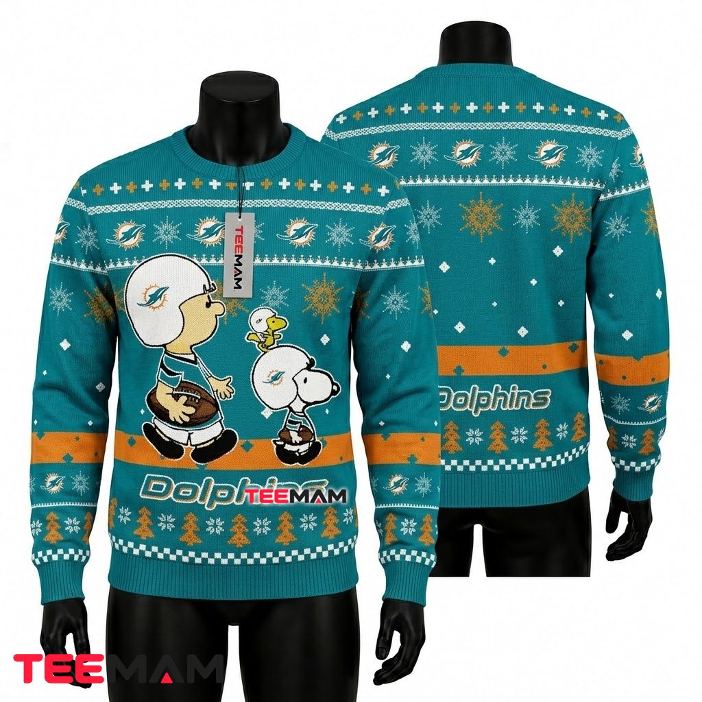 Miami Dolphins Ugly Christmas Sweater Charlie Brown Snoopy Front