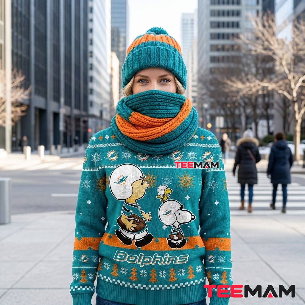 Miami Dolphins Ugly Christmas Sweater Charlie Brown Snoopy Back Miami Dolphins Ugly Christmas Sweater Charlie Brown Snoopy Back