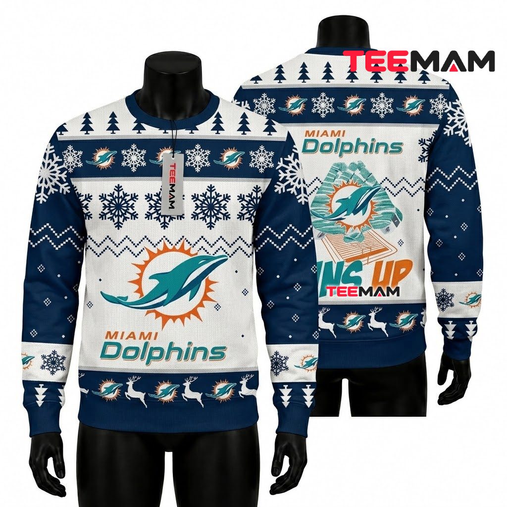 Miami Dolphins Ugly Christmas Sweater Fins Up Logo Front