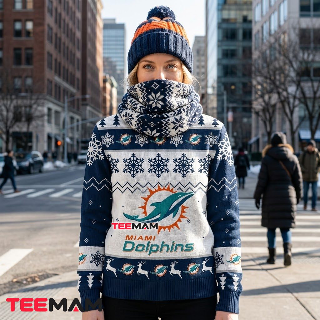 Miami Dolphins Ugly Christmas Sweater Fins Up Logo Back Miami Dolphins Ugly Christmas Sweater Fins Up Logo Back