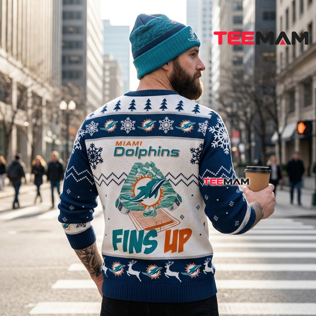 Miami Dolphins Ugly Christmas Sweater Fins Up Logo Version 3 Miami Dolphins Ugly Christmas Sweater Fins Up Logo Version 3