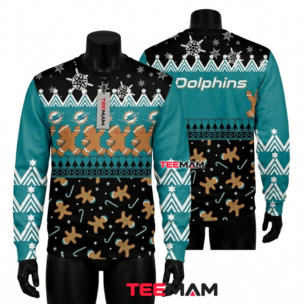 Miami Dolphins Ugly Christmas Sweater Gingerbread Man Pattern Front