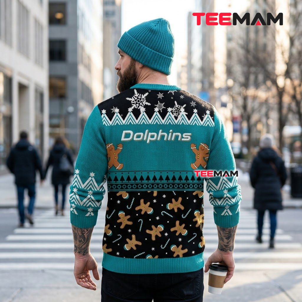 Miami Dolphins Ugly Christmas Sweater Gingerbread Man Pattern Version 3 Miami Dolphins Ugly Christmas Sweater Gingerbread Man Pattern Version 3