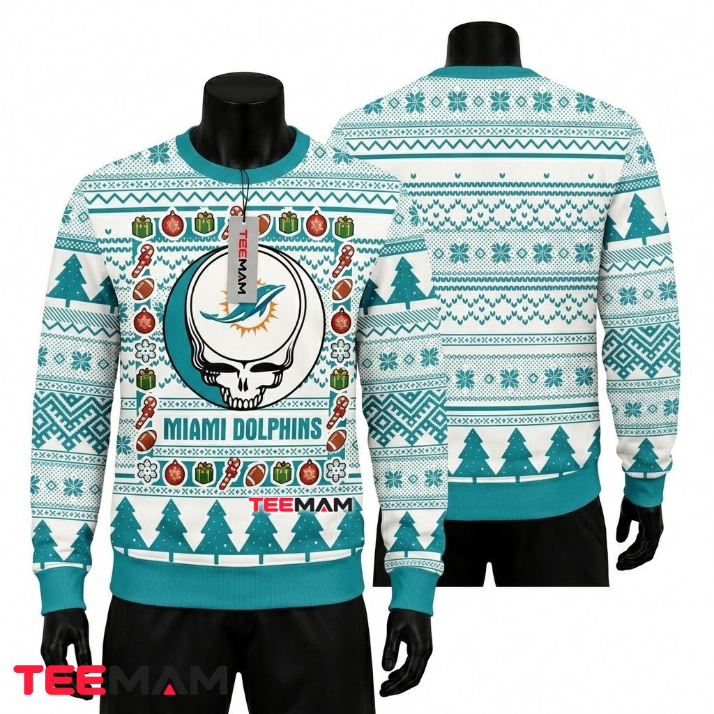 Miami Dolphins Ugly Christmas Sweater Grateful Dead Skull Front