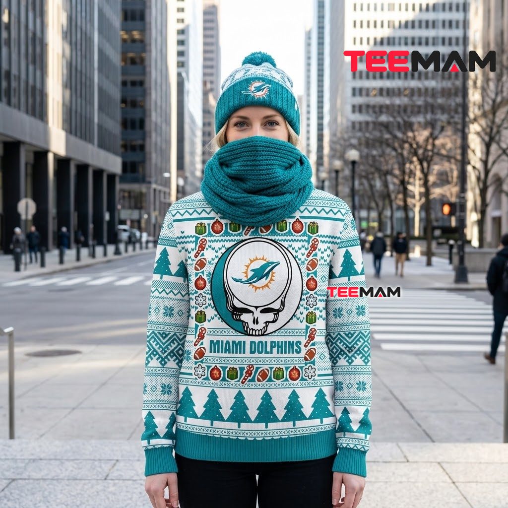 Miami Dolphins Ugly Christmas Sweater Grateful Dead Skull Back Miami Dolphins Ugly Christmas Sweater Grateful Dead Skull Back