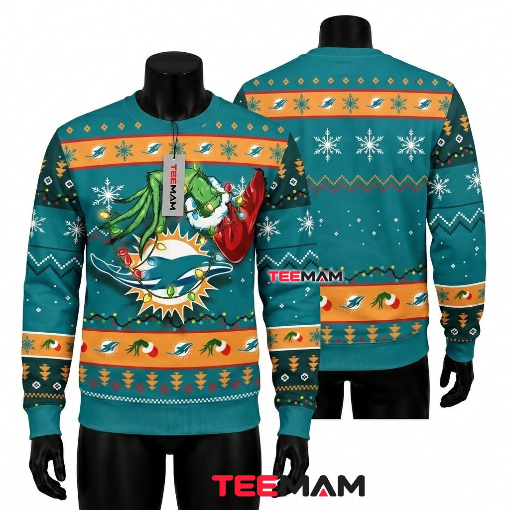 Miami Dolphins Ugly Christmas Sweater Grinch Hand Lights Front