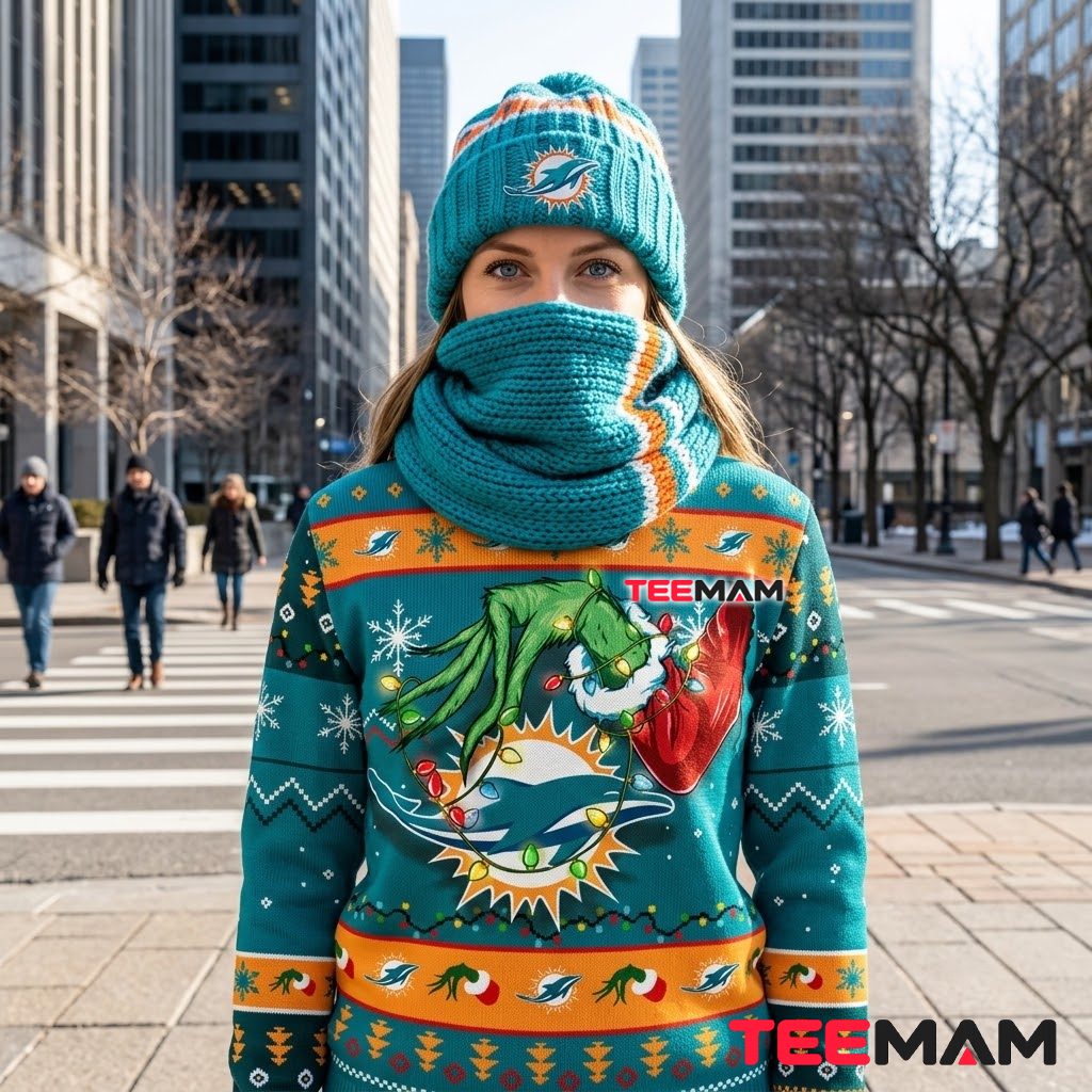 Miami Dolphins Ugly Christmas Sweater Grinch Hand Lights Back Miami Dolphins Ugly Christmas Sweater Grinch Hand Lights Back